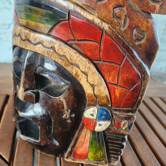 Hand-Carved Mayan Aztec Wooden Mask Tribal Wall Art with Snake, Jaguar & Warrior - Picture 15 of 16